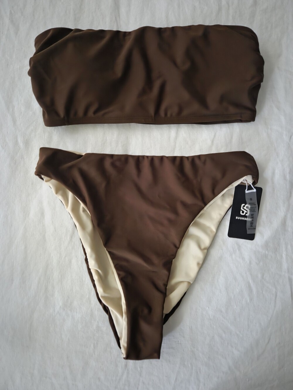 Brown Bandeau Bikini Set - Strapless Top & High-Cut Bottom